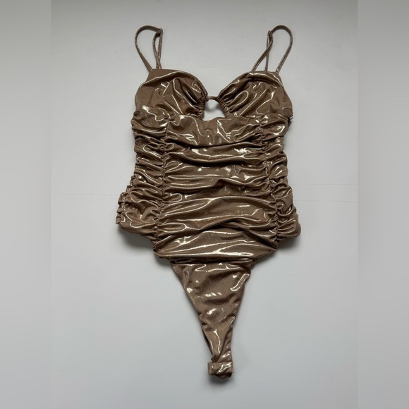 Zara Tops - Zara Metallic Gold Slick Ruched Bodysuit Party Glam Statement Piece M Sleeveless